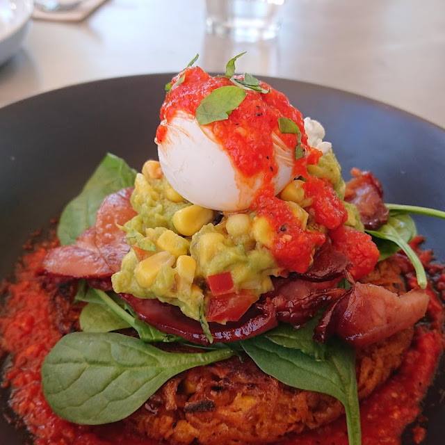 Sweet Potato Fritter with Bacon Poached Egg and Avocado