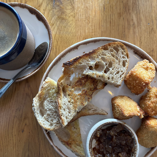 Deep Fried 'Camembert' Bites Apple and Date Chutney and Sourdough Toast