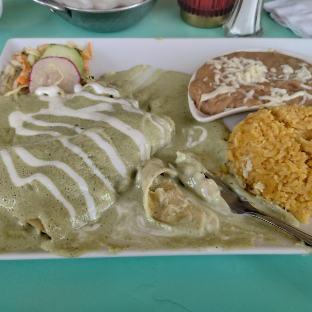 Enchilada De Camaron with Palano Sauce and Rice and Beans