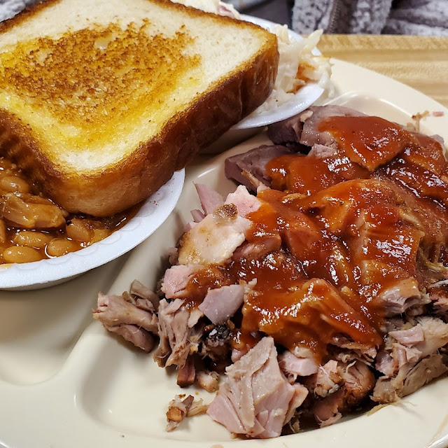 BBQ Platter Half Pork Half Brisket with Hash Brown Casserole and Baked Beans