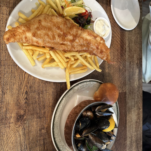 Fish and Chips and Mussels in White Wine Sauce