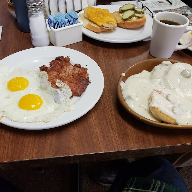 Eggs Hash and Sausage Gravy and Biscuits