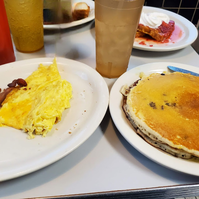 Blueberry Pancakes Cheesy Scrambled Eggs and Bacon