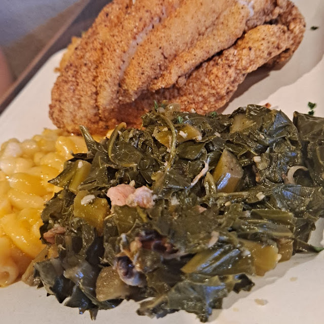 Fish Collard Greens and Mac and Cheese