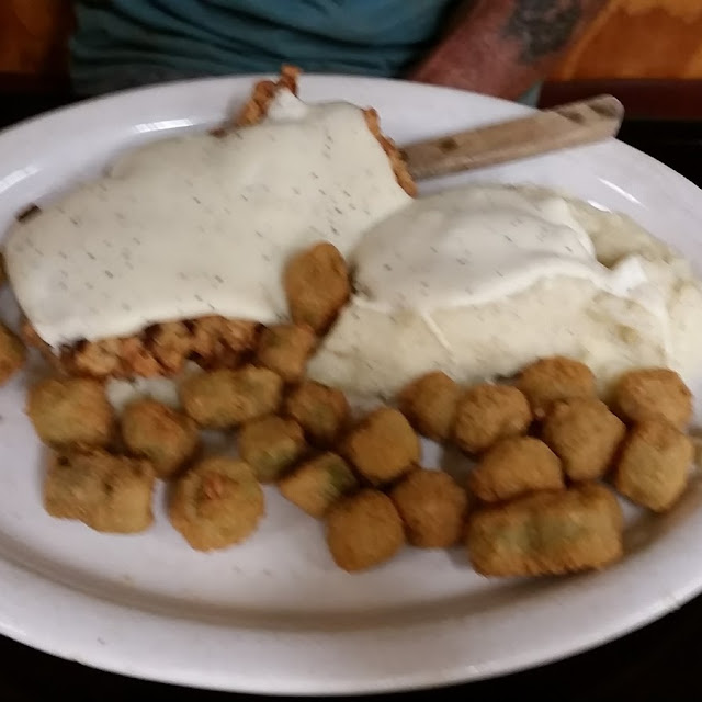 Chicken Fried Steak & Mashed Potatoes and Gravy & Fried Oakra