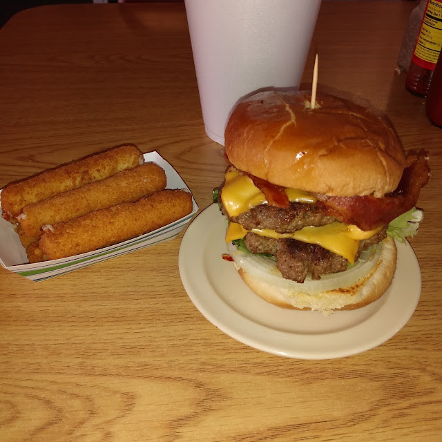 Double Bacon Cheeseburger with a Order of Mozzarella Sticks and a Cold Dr Pepper