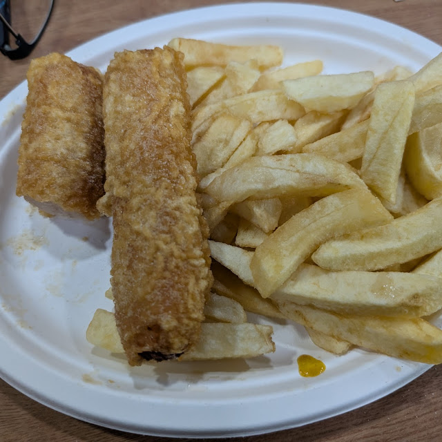 Battered Sausage Chips and Curry Sauce