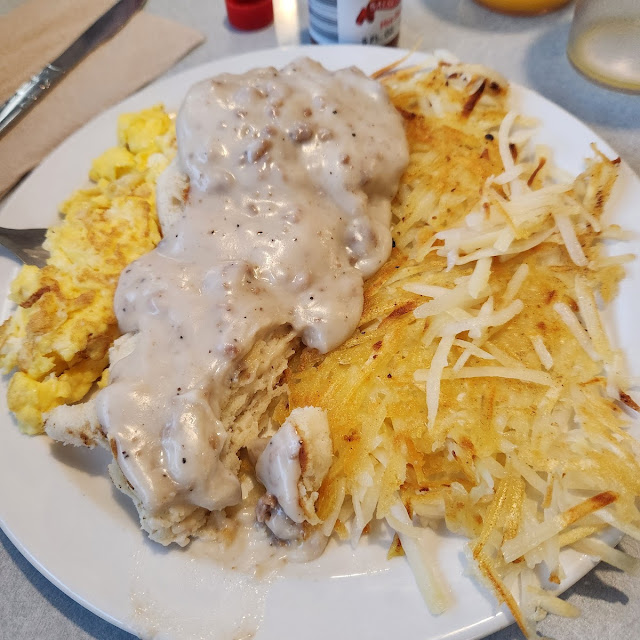 Biscuits and Gravy Hash Browns and Scrambled Eggs