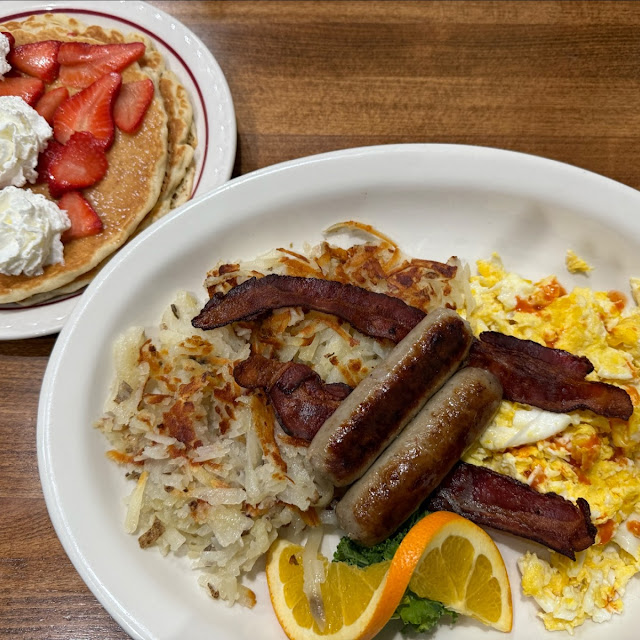 Combination Plate with Hasbrowns and Pancakes
