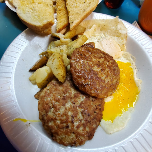 Sausage and Eggs over Easy with Home Fries and Toast