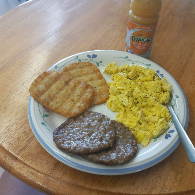 Scrambled Eggs Sausage Patties and Hash Browns