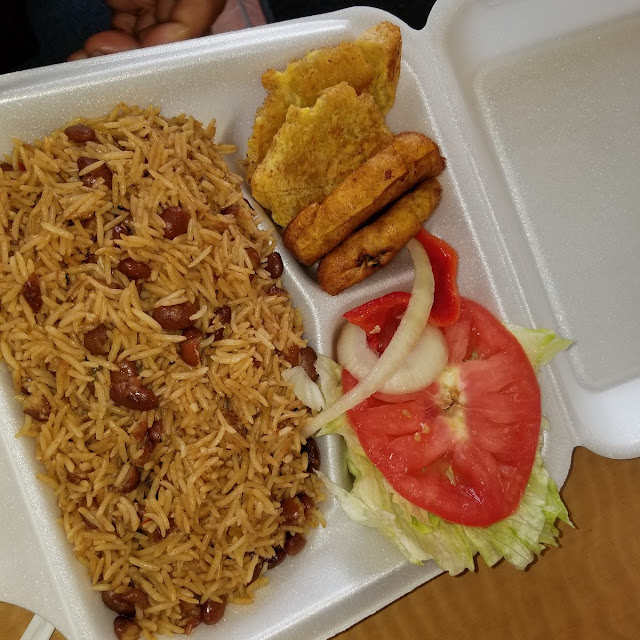 Yellow Rice and Peas Green Plantains and Mixed Salad