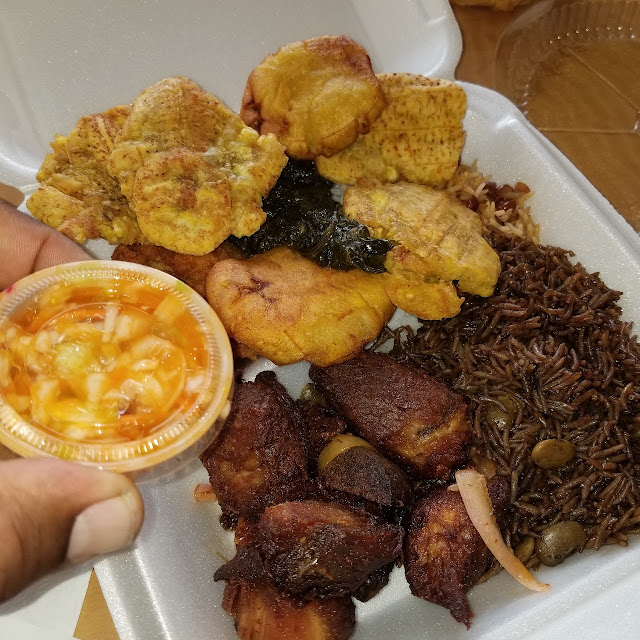 Fried Pork Chunks with Black Rice and Peas
