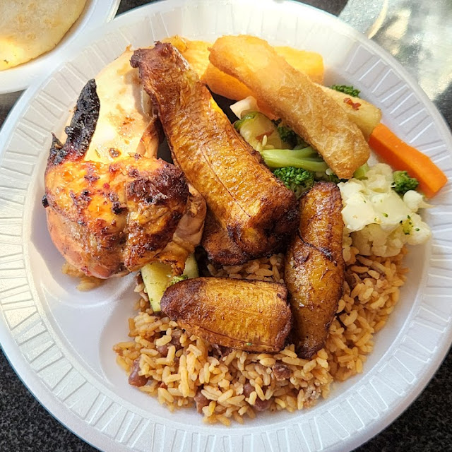 Chicken Rice Vegetables and Fried Plantains