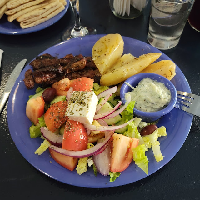 Slouvlaki with Greek Salad and Lemon Potatoes
