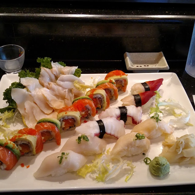 White Tuna Red Clam Conch and Taking Sushi Counch and Japanese Crab and a Chefs Choice Roll