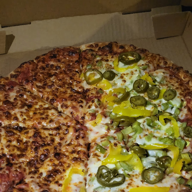 Half Cheese Half Jalapeno's Olives Onions and Peppers