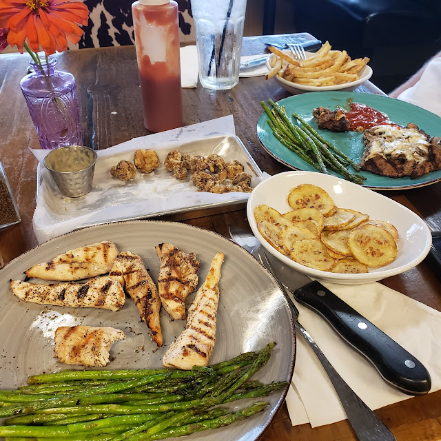 Fried Mushrooms Fried Squash Grilled Chicken Tenders Hamburger Steak and Fries