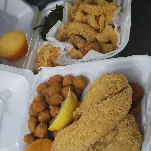 Talapia and Catfish Greens Baked Mac and Cheese Okra and Hush Puppies
