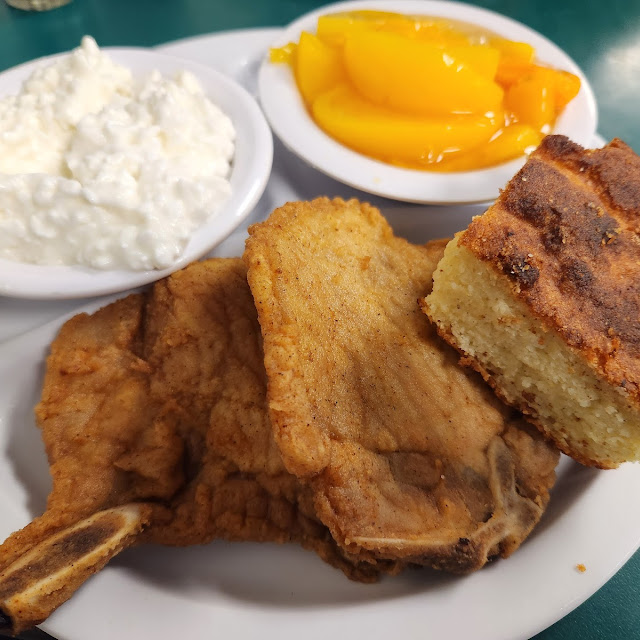 Pork Chops Cottage Cheese Peaches and Cornbread