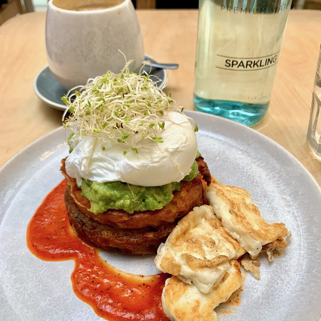 Corn Fritters with Avocado Salsa Chilli Jam Poached Eggs Haloumi