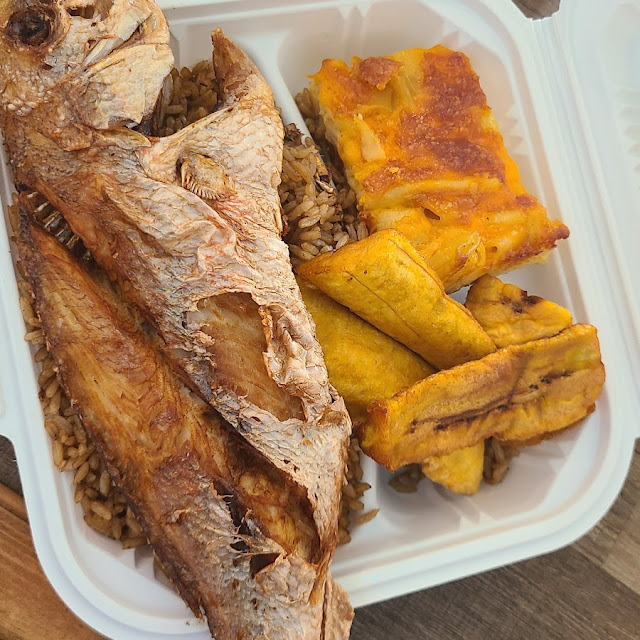 Fried Snapper w Peas and Rice Mac & Cheese & Plaintain