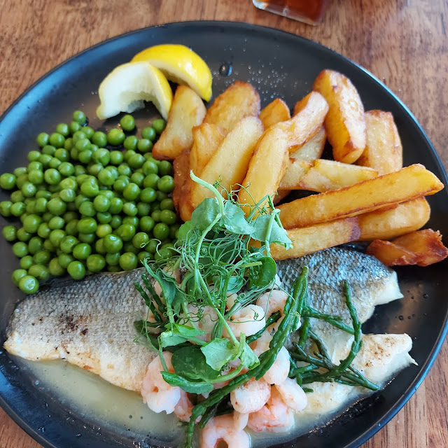 Sea Bass and Prawns with Homemade Chips and Peas