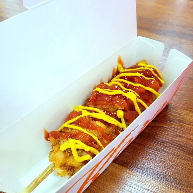 Potato Corn Dog with Ketchup and Spicy Mayo