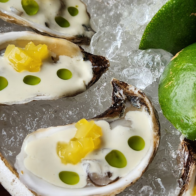 Raw Atlantic Oysters on the Half Shell Mignonette Pickles