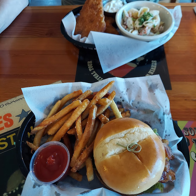 Burger with Fries and Fish and Chips with Pasta Salad