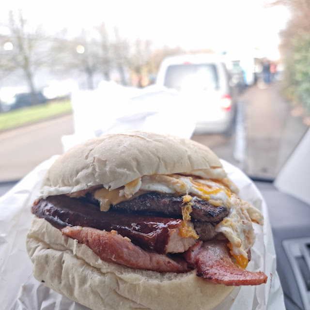 Ledsters Ultimate Breakfast BAP Sausage Bacon Egg Cheese Burger with Onions and BBQ Sauce
