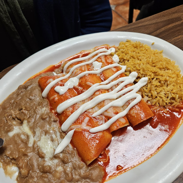 Crab Enchiladas with Rice and Beans
