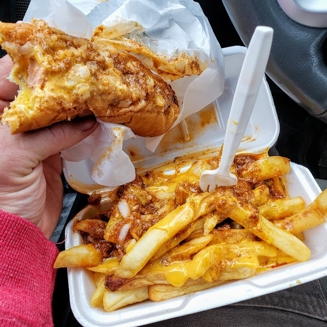 Chili Cheese Dog with Onions Cheese Fries with Onions