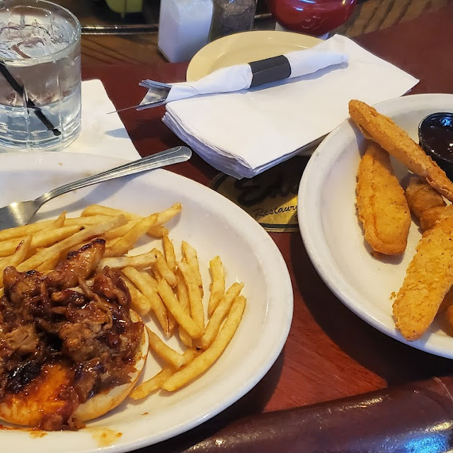 Pork Sandwich and Fries and Chicken Fingers with Tots
