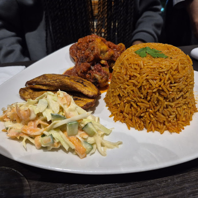 Jollof Rice Plantain Stewed Beef and Salad