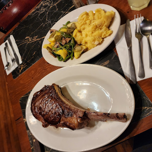 Tomahawk Steak Squash String Beans and Garlic Mashed Potatoes